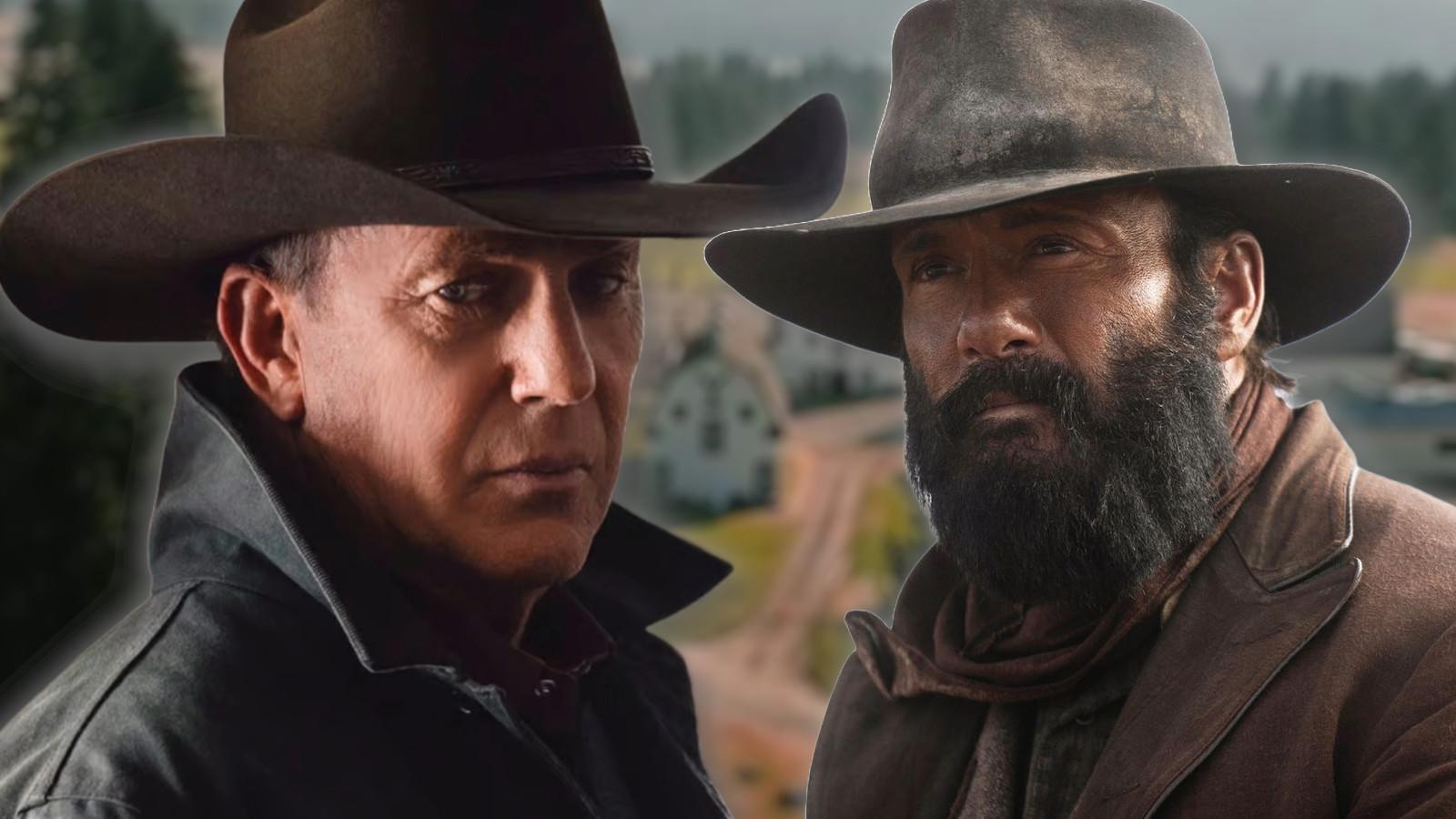Kevin Costner as John Dutton in Yellowstone and Tim McGraw as James Dutton in 1883