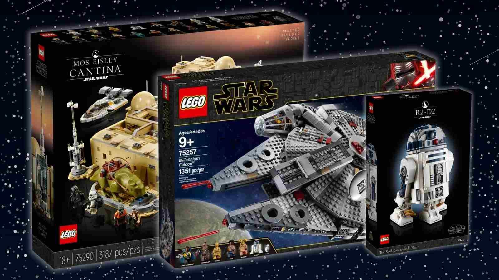 Three of the retiring LEGO Star Wars sets on a galaxy background