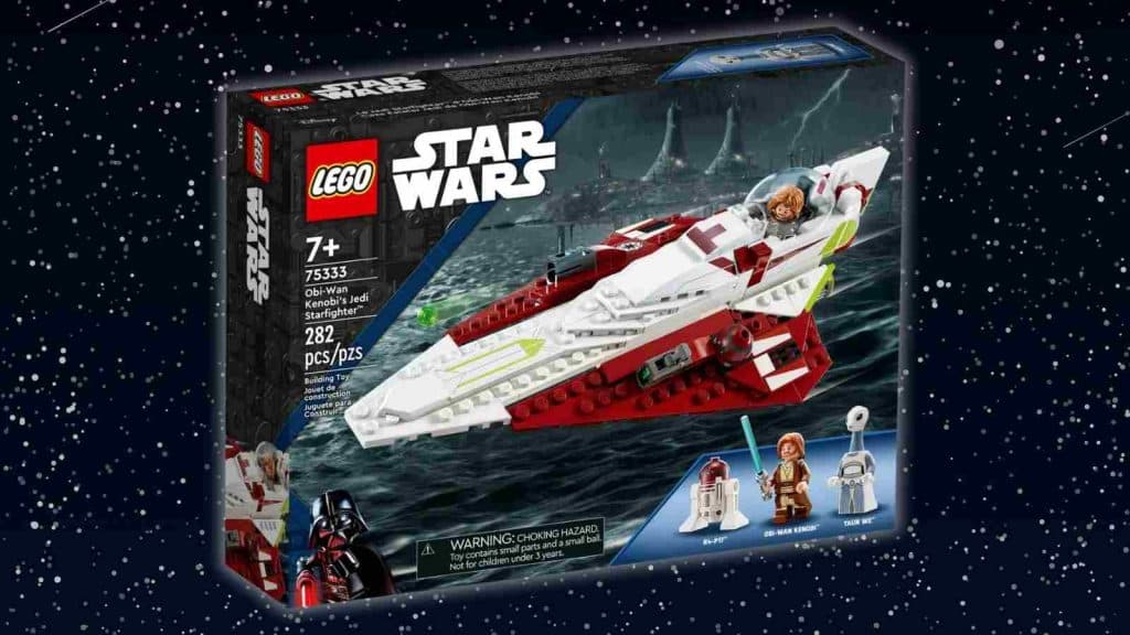 The retiring LEGO Star Wars Obi-Wan Kenobi’s Jedi Starfighter on a galaxy background