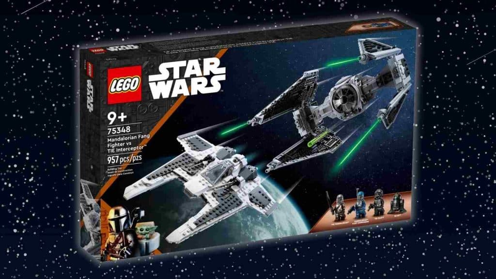 The LEGO Star Wars Mandalorian Fang Fighter vs. TIE Interceptor on a galaxy background