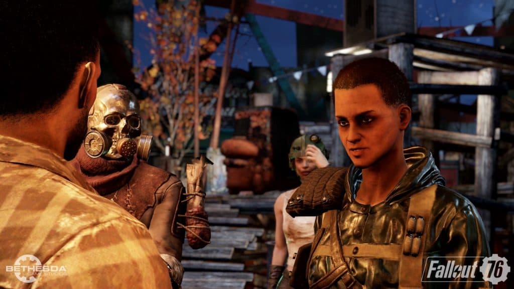 NPC-рейдеры разговаривают с персонажем игрока в Fallout 76.