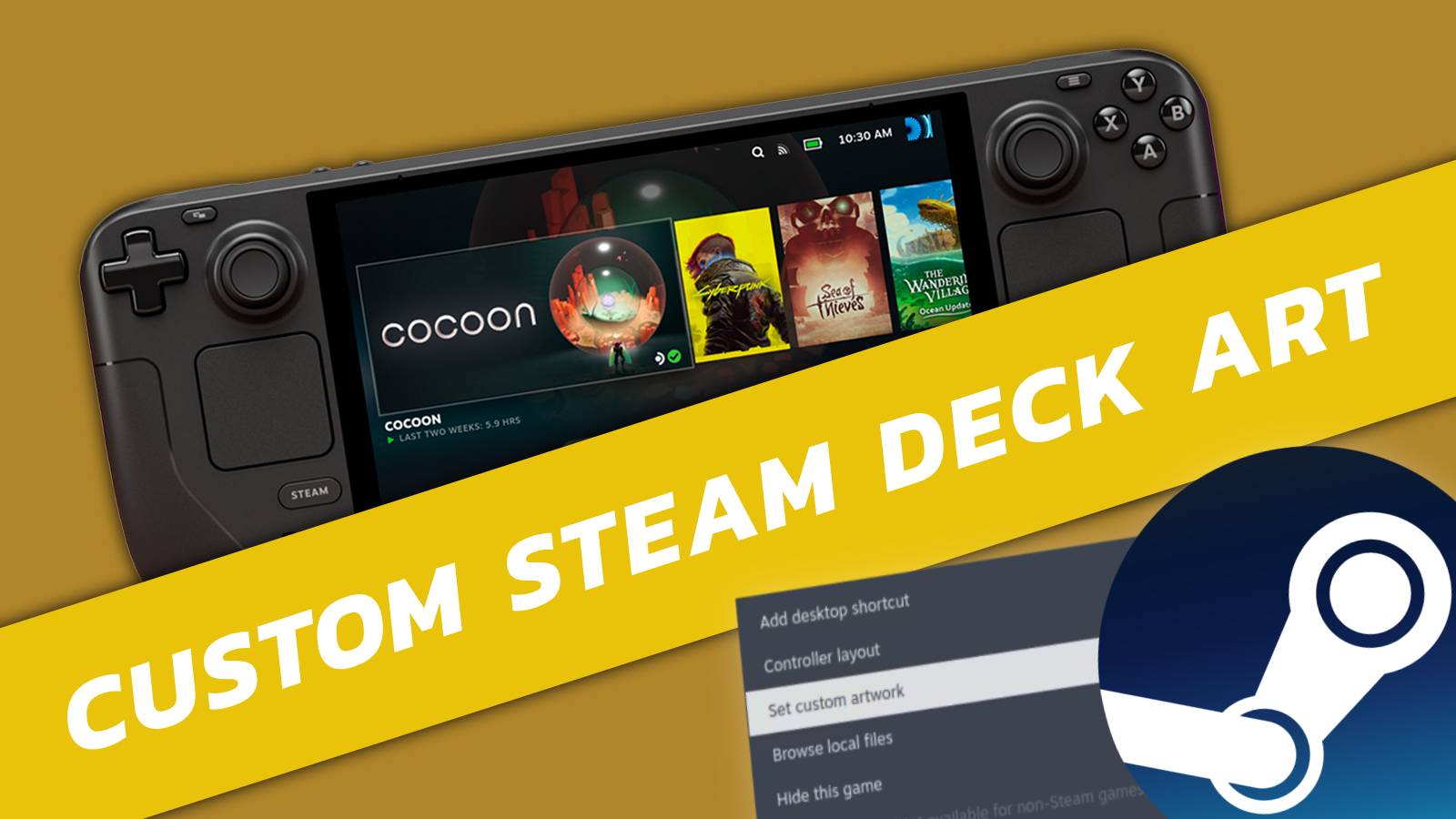 Image of a Steam Deck, with the Steam logo and a drop-down menu in the bottom right corner.