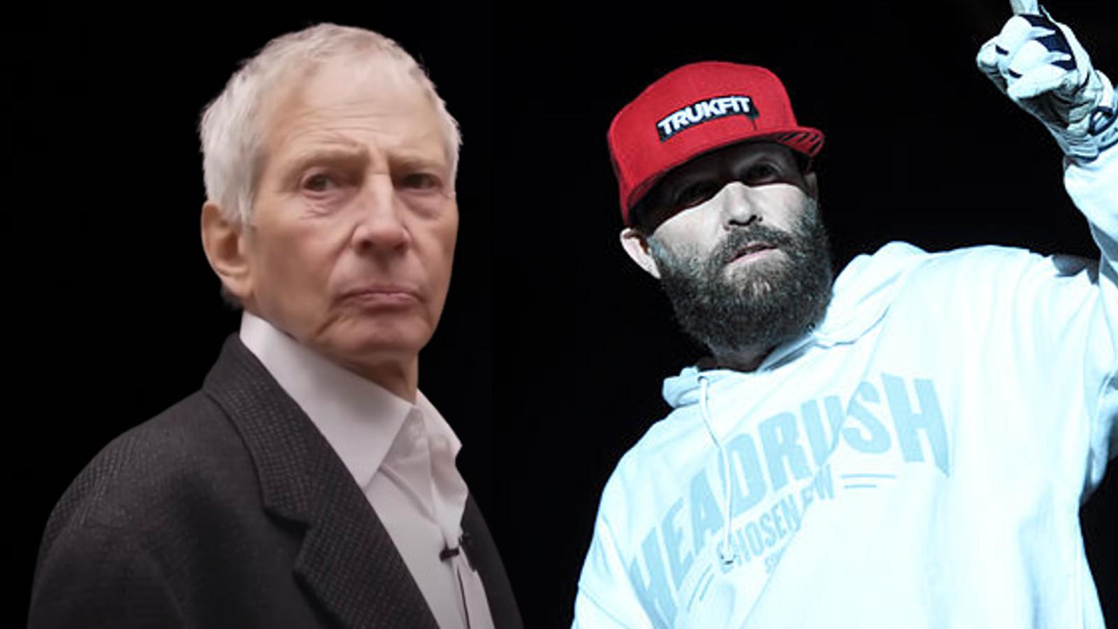 Still of Robert Durst in The Jinx and photo of Fred Durst on stage