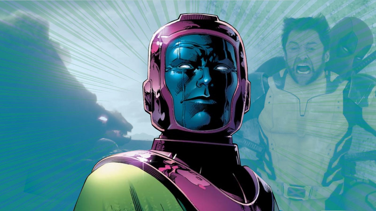 Kang the Conqueror smiles while scenes from Deadpool 3 play out in the background.