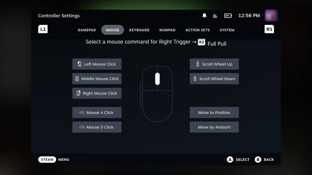 Screenshot of the controller settings on Steam Deck.