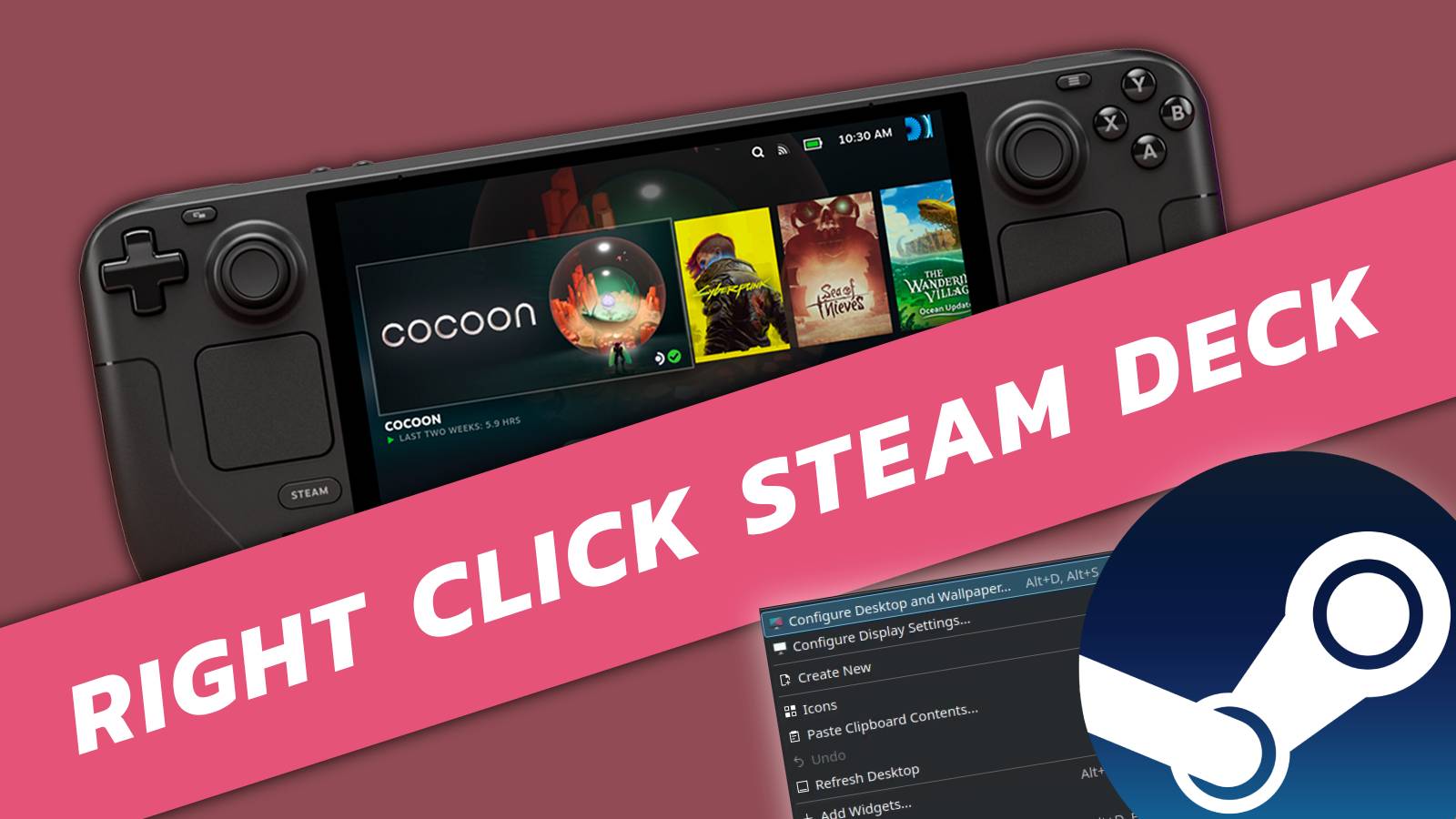 Image of a Steam Deck with a banner across it, and the Steam logo and a right-click drop-down menu in the right corner.