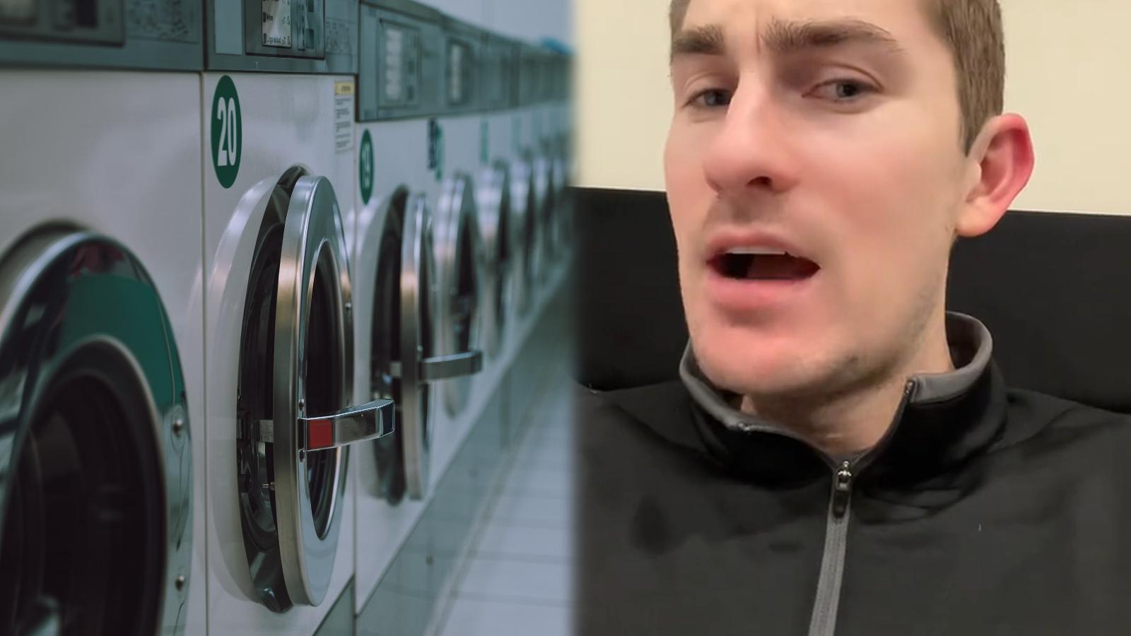 On the left, a photo of a laundromat. On the right, a shocked Airbnb host.