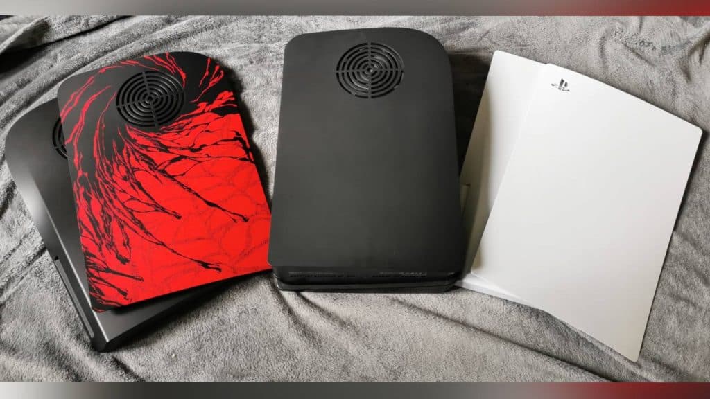 Image of a PS5 with a Dbrand Darkplate 2.0 cover, and a set of console covers on either side.