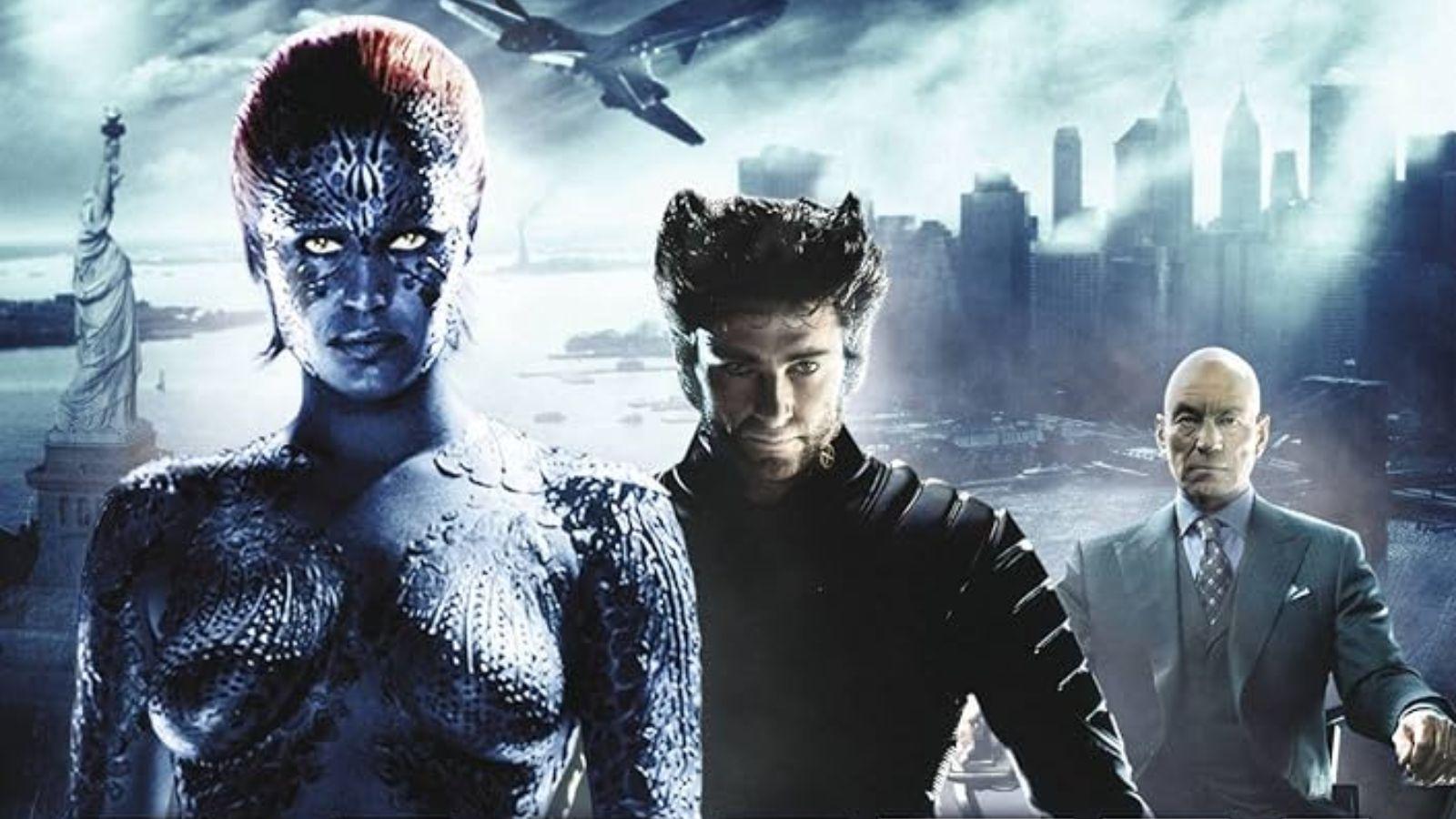 Mystique, Wolverine, and Professor X in an X-Men poster.