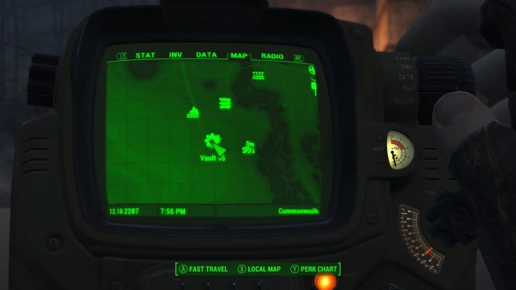 The location of Vault 95 on the Pip-Boy in Fallout 4