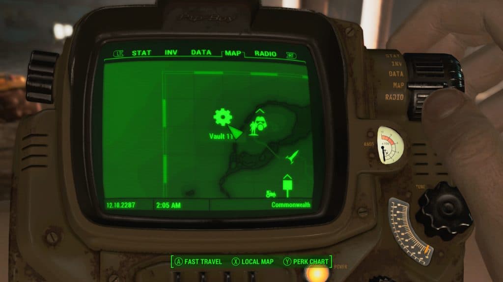 The location of Vault 111 on the Pip-Boy in Fallout 4