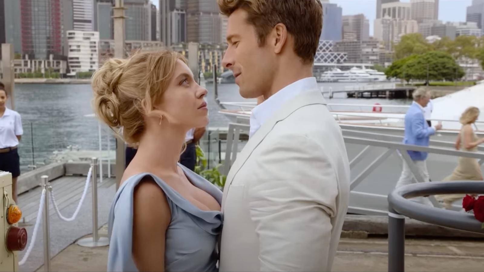 Sydney Sweeney and Glen Powell in Anyone But You during boat scene.