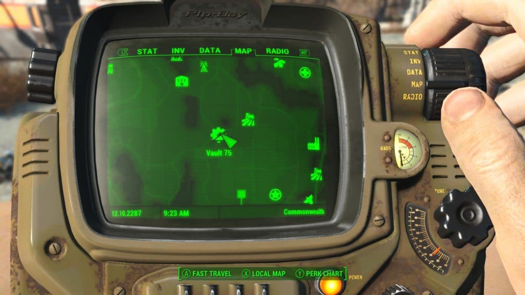 The location of Vault 75 on the Pip-Boy in Fallout 4