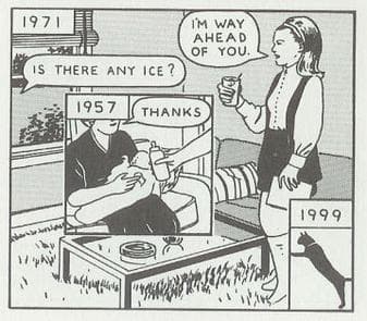 A panel from Here: A man holding a baby in 1957 asks for ice, his wife holding some. In a different part of the panel, we see a cat in 1999.