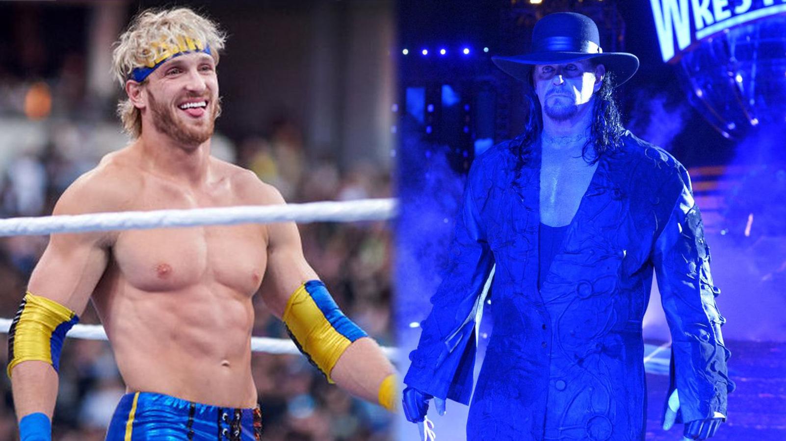 Logan Paul in a WWE ring next to The Undertaker making his entrance