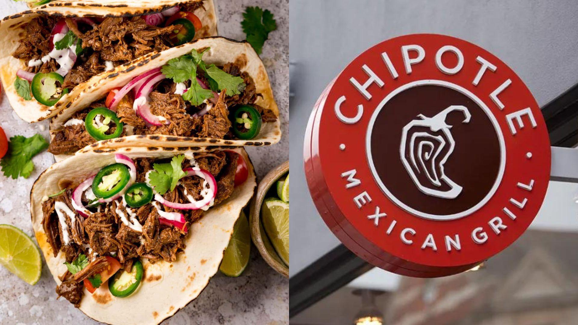 Chipotle logo and beef tacos