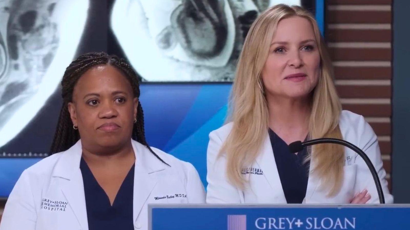 Jessica Capshaw and Chandra Wilson in Grey's Anatomy Season 20.