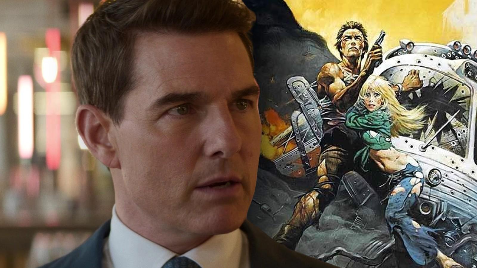Tom Cruise in Mission: Impossible Dead Reckoning and a poster for The Gauntlet