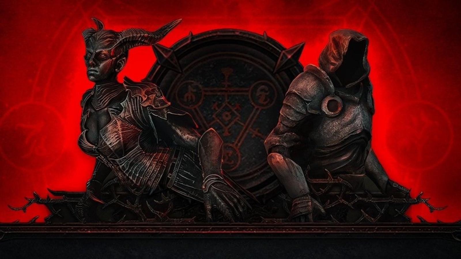 Promotional image for Diablo 4 Season 4 Campfire Chat showing Inarius and a demon