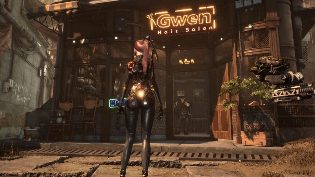 Eve standing outside Gwen Hair Salon in Stellar Blade