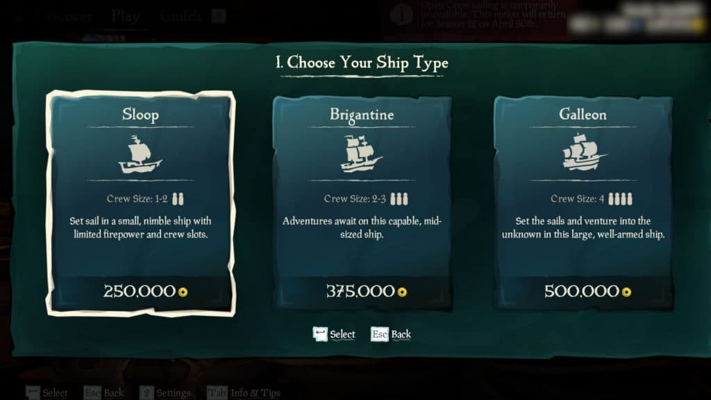 Sea of Thieves ship cost