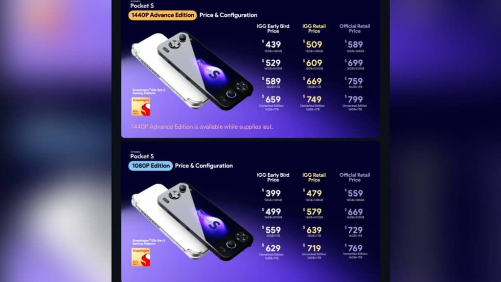 Image of the price list for both versions of the Ayaneo Pocket S handheld.