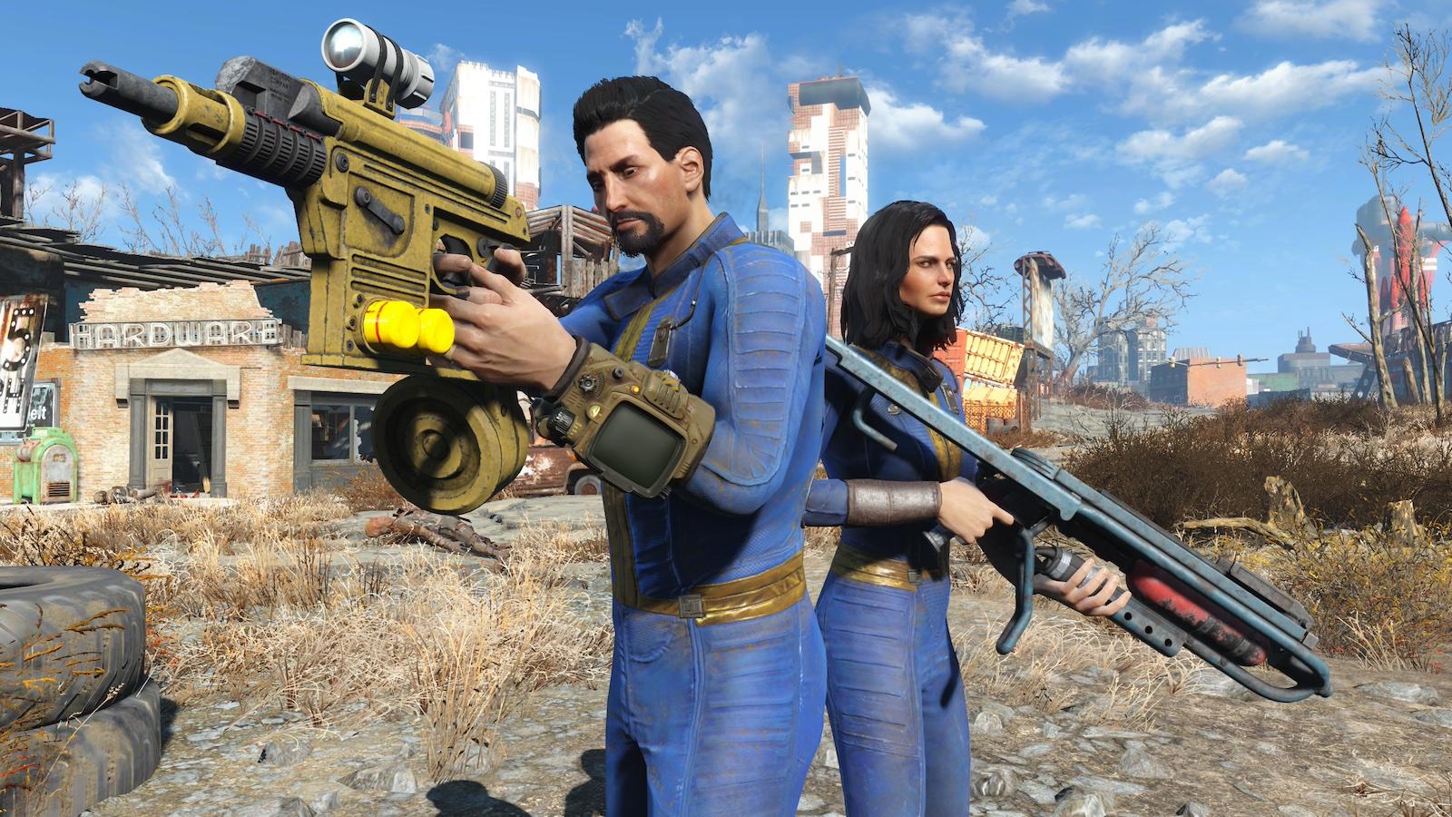 Fallout 4 characters standing together with weapons