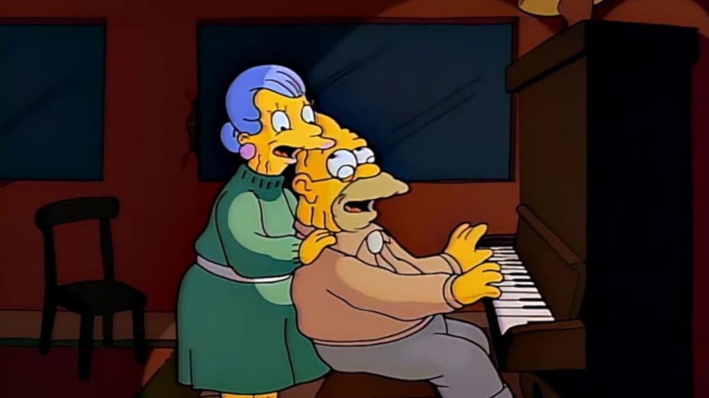 Beatrice Simms and Grandpa Simpson play the piano
