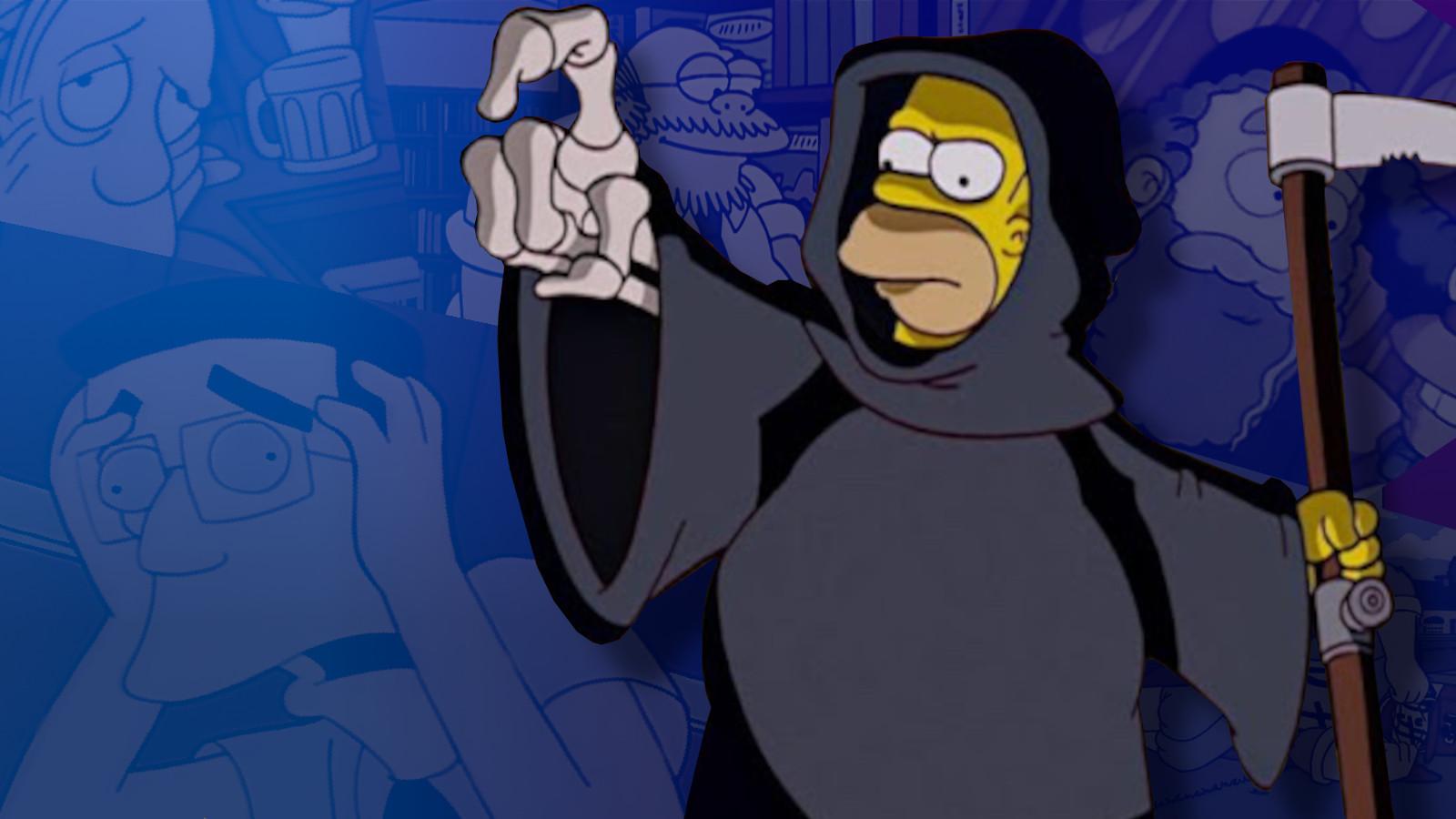 Homer Simpsons as the Grim Reaper with dead Simpsosn characetrs behind him
