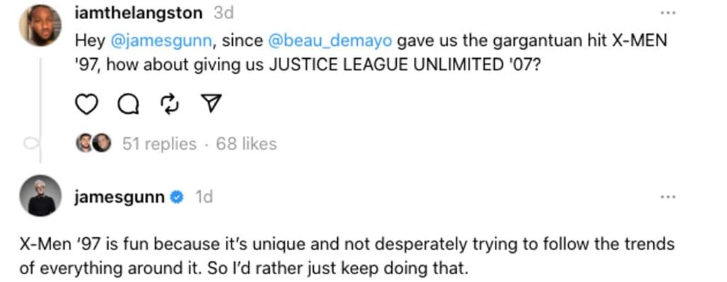 James Gunn replies to a fan on Threads