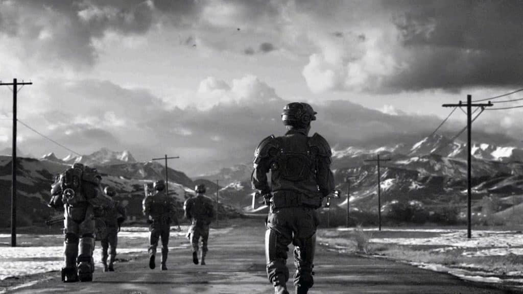 Soldiers, including one in power armor, walk down a highway during the nuclear war.