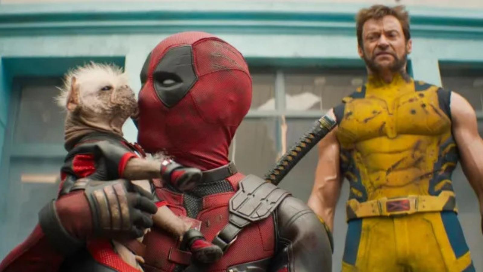 Deadpool Petting Dog as Wolverine Watches
