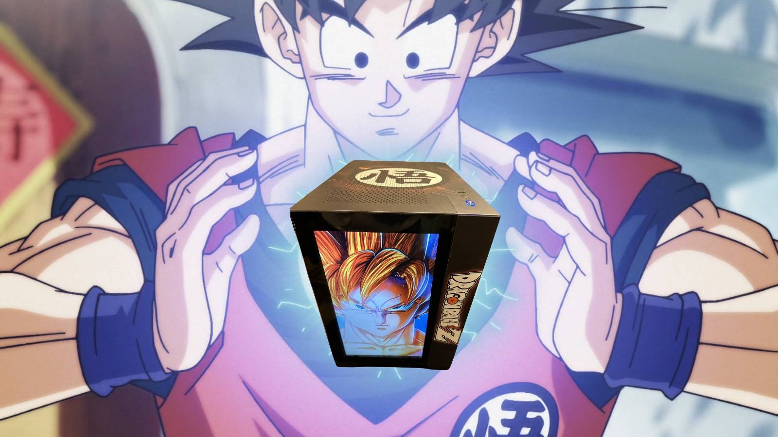 Screenshot of Goku holding a custom Dragon Ball Z gaming PC.