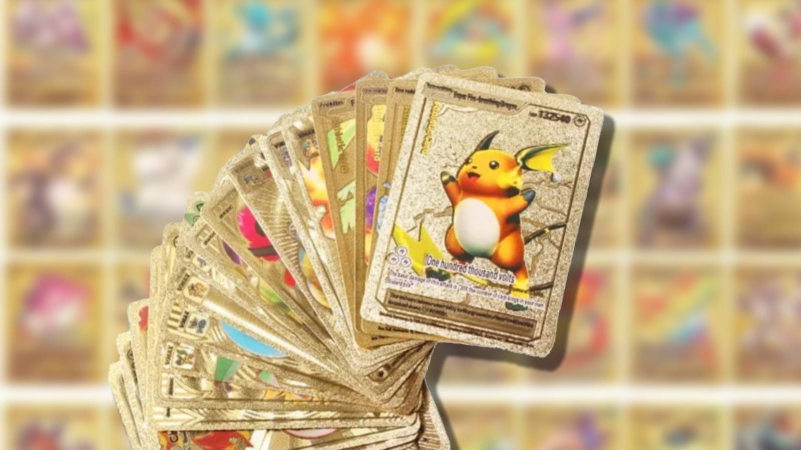 Several gold and possibly fake Pokemon cards are visible