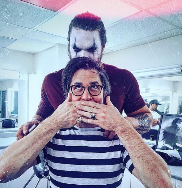 Jason Momoa and Corin Hardy posting during a The Crow makeup test.