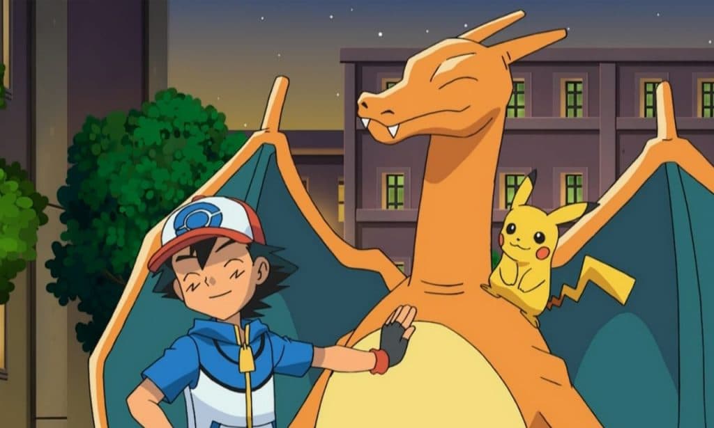 Ash, Charizard, and Pikachu from Pokemon anime.