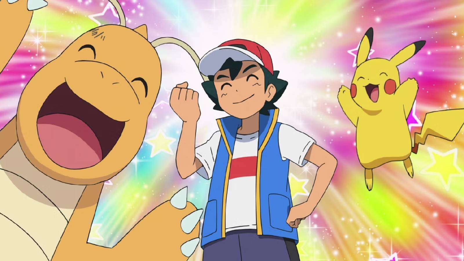 Ash Ketchum appears triumphant next to Pikachu and Dragonite