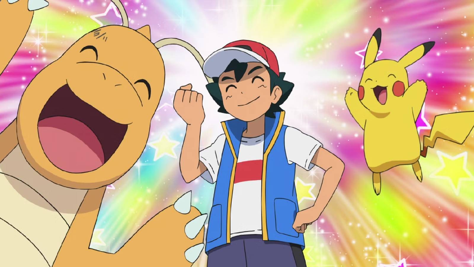 Ash Ketchum appears triumphant next to Pikachu and Dragonite