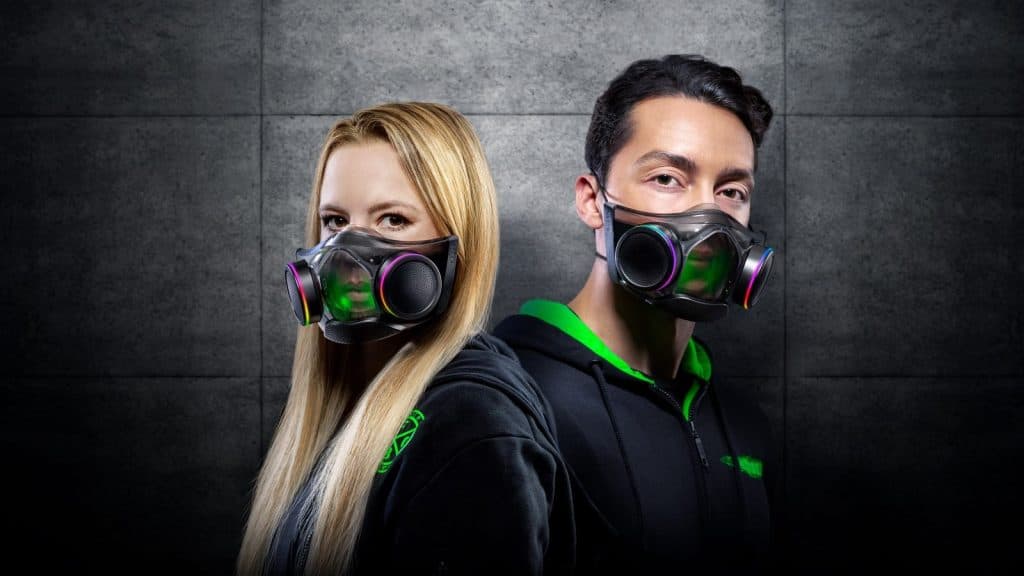Razer Zephyrus mask being worn by a man and woman