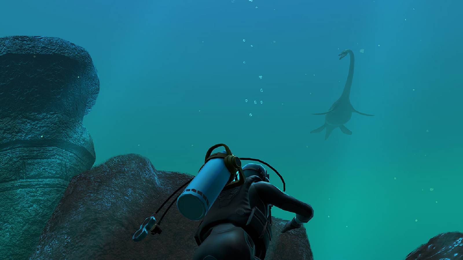 A diver peaks over a rock to look at a plesiosaur