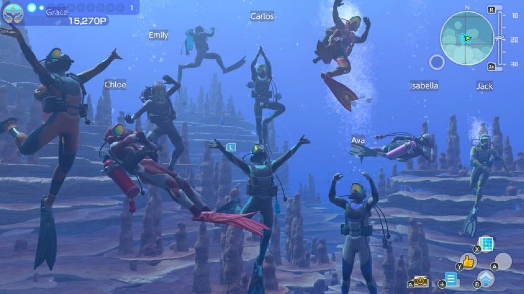 Several divers pose underwater