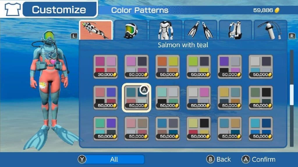 A menu shows several cosmetic items for a diving suit, priced from 30,000 to 50,000 coins