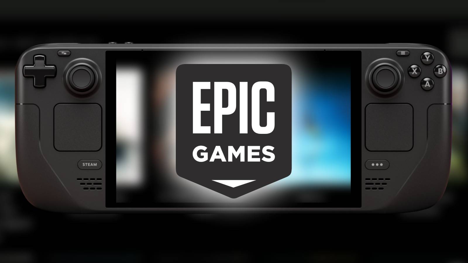 A sscreenshot from Steam Deck Gaming's video on the Junk-Store plug-in, on the screen of a Steam deck with the Epic Games logo on top.