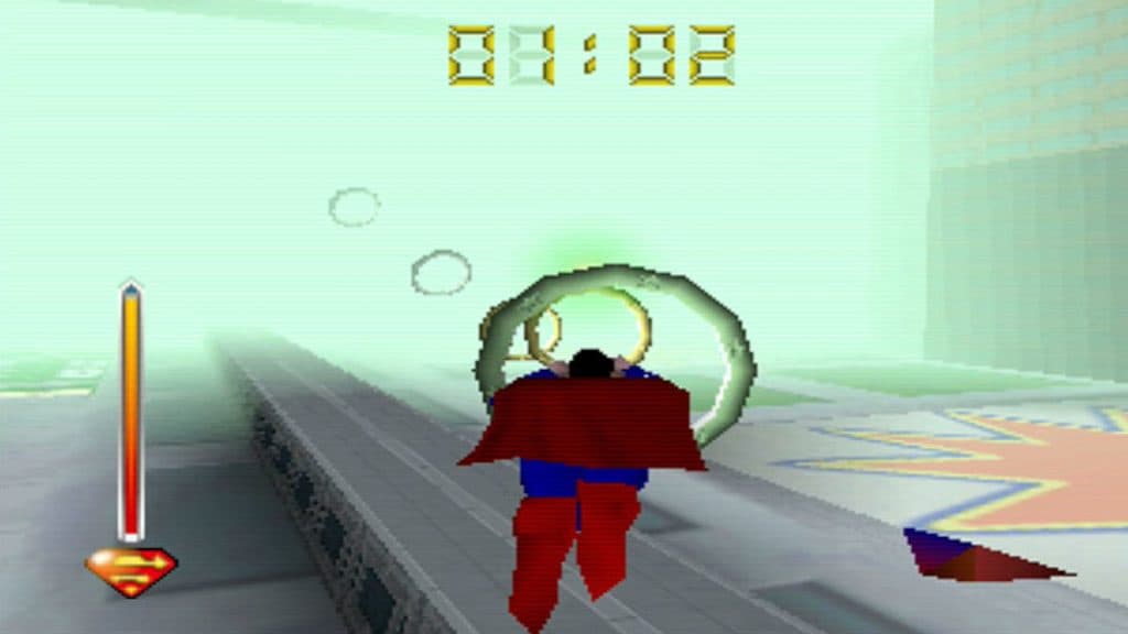 Superman flies through hoops in Superman 64