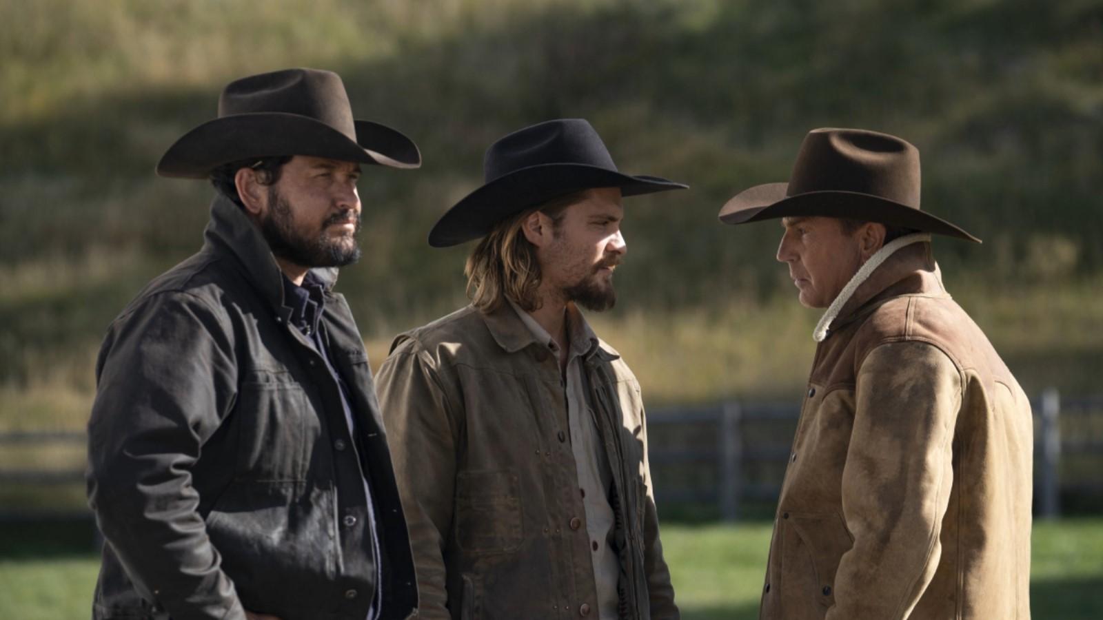 Cole Hauser, Luke Grimes, and Kevin Costner as Rip, Kayce, and John Dutton on Yellowstone