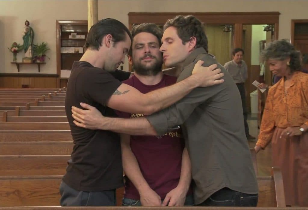 Dennis and Mac hug Charlie in the Always Sunny episode, Charlie's Mom has Cancer