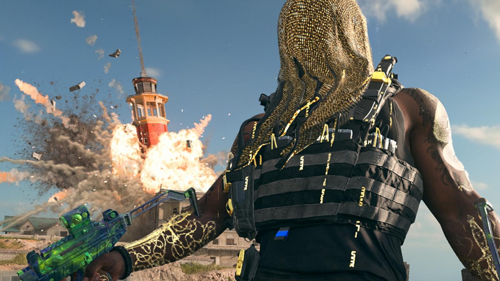 Warzone operator in front of exploding tower in Rebirth Island