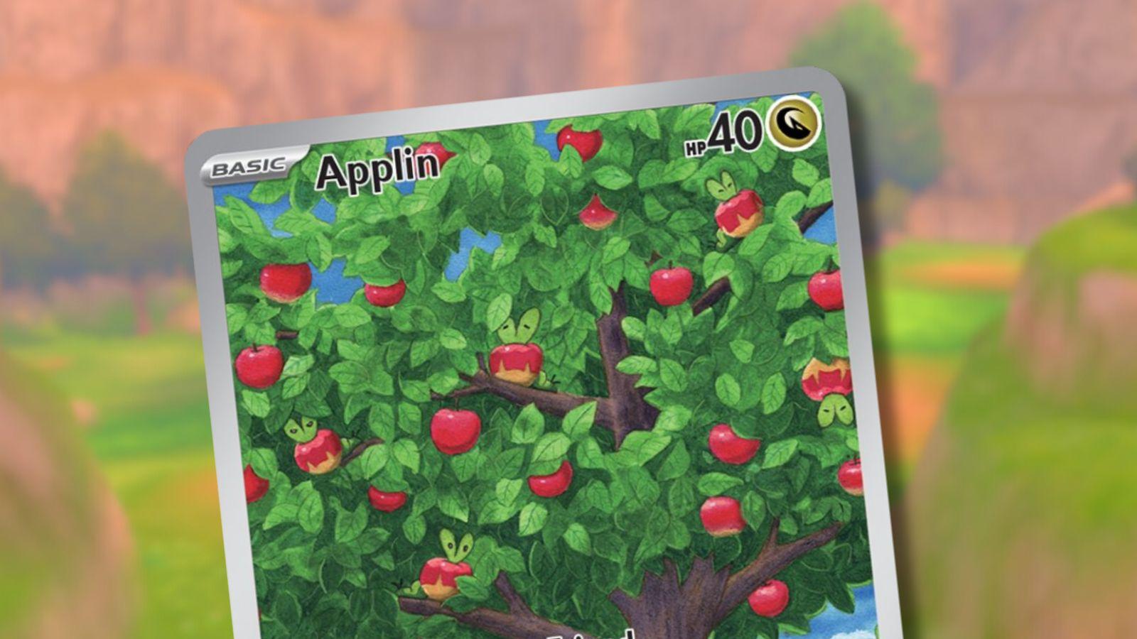 Applin Pokemon card with game background.
