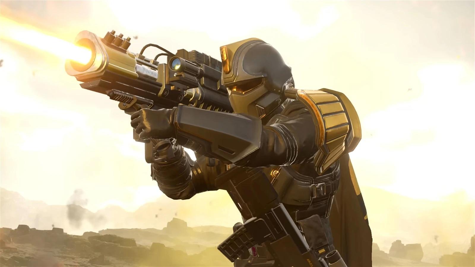 Helldivers 2 soldier using laser weapon