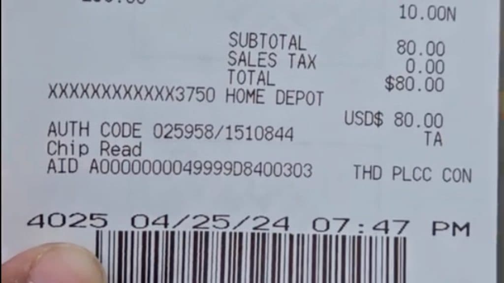 Home Depot receipt